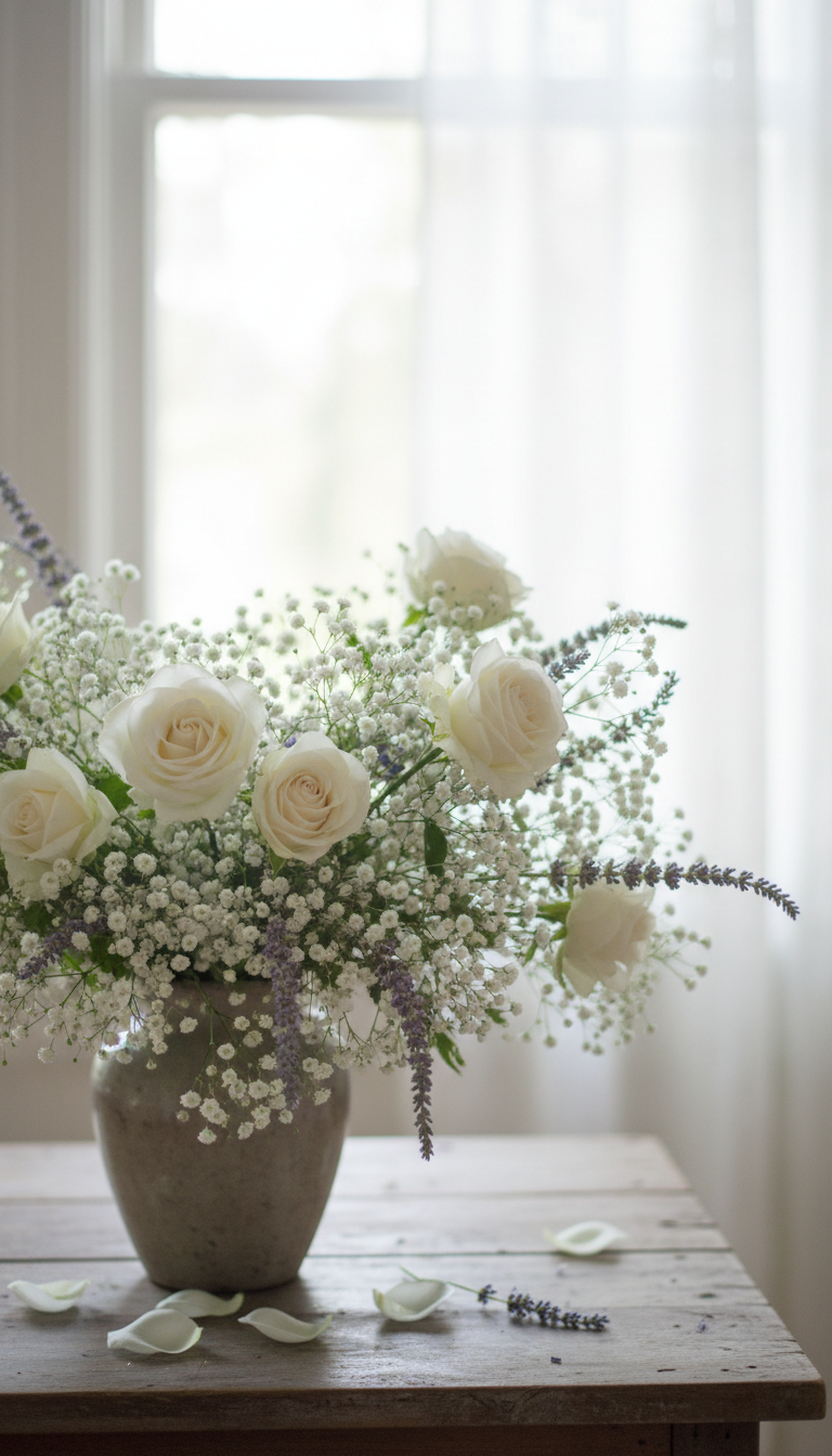 淡い色合いの白い花やラベンダー、カスミソウの花のやさしい雰囲気の画像