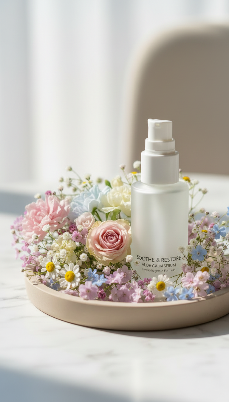 淡い色合いのお花のイメージ画像。優しく柔らかい雰囲気で、体質やアレルギーについて寄り添う気持ちが伝わるような写真。背景はシンプルで、清潔感のあるスタイル。