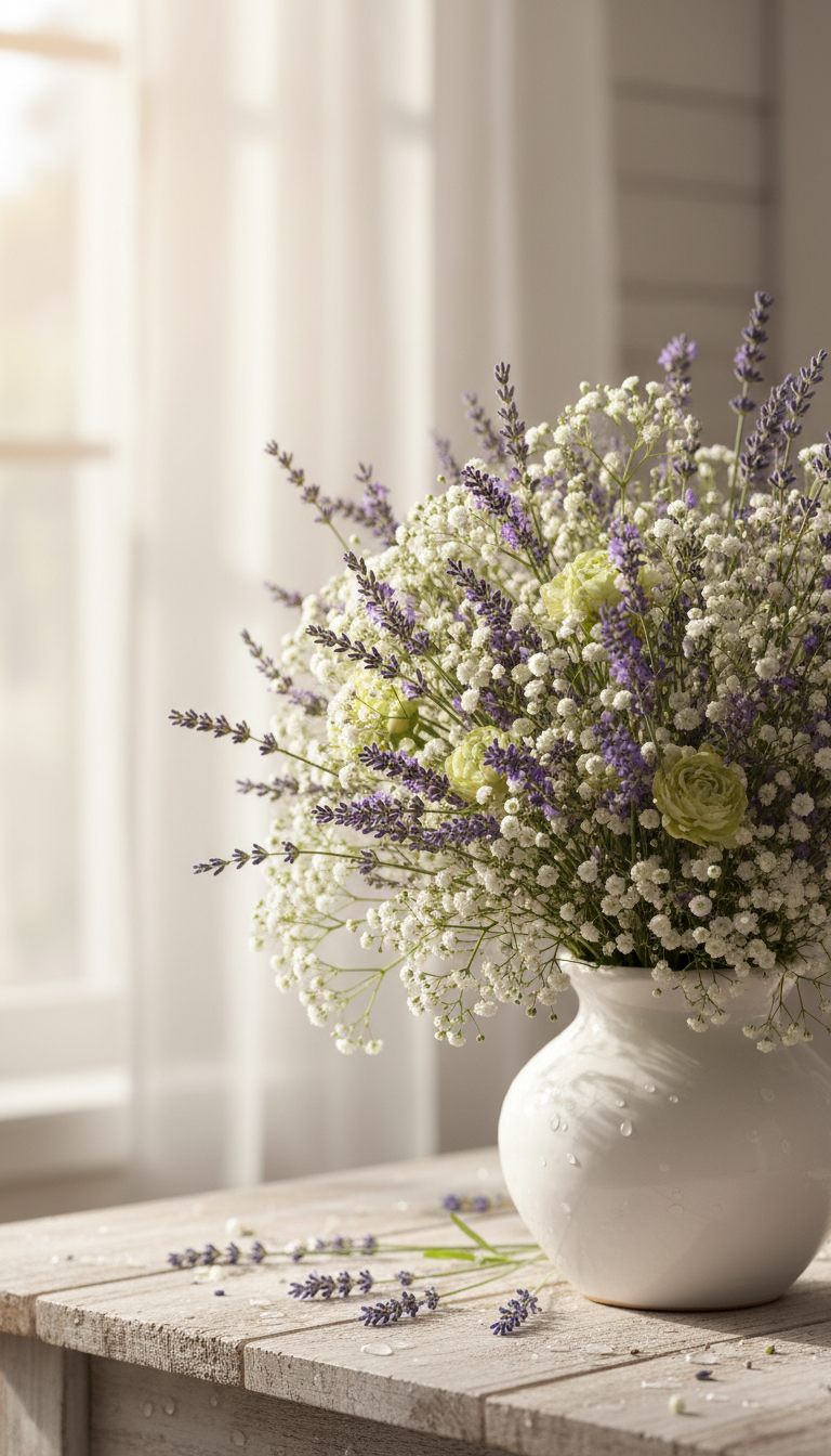 ラベンダーや霞草（かすみ草）が美しくアレンジされた、華やかで優しい雰囲気の写真。明るく淡い色合いで、癒しや親しみやすさを感じさせるイメージ。