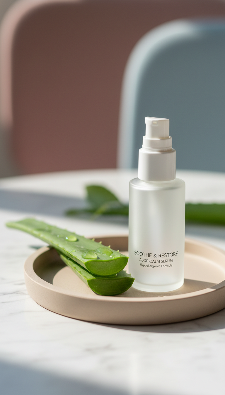 A detailed, close-up still life of a delicate aloe vera leaf freshly cut, revealing vibrant green gel droplets, nestled next to an elegant, frosted glass pump bottle with minimalist labeling. The leaf and bottle rest on a smooth, neutral-toned tray atop a marble surface. Diffused afternoon sunlight streams from the side, accentuating the translucence of the gel and the soft shine on the bottle. Captured from a shallow depth of field, the background melts into subtle, soothing hues, creating an atmosphere of calm and gentle care, ideal for a beauty blog emphasizing allergy-aware routines.