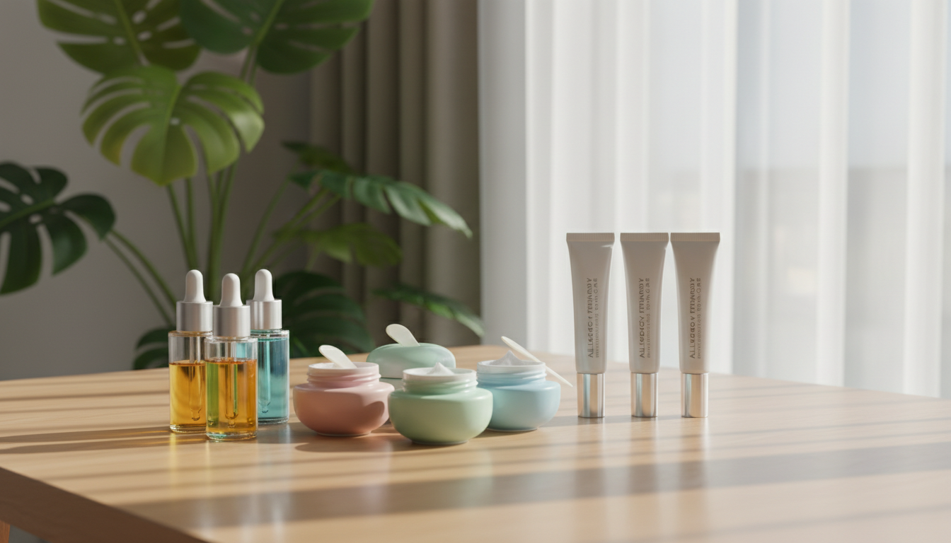 A carefully arranged collection of beauty products, including clear glass serum bottles, pastel-hued moisturizing jars, and sleek silver-capped allergy-friendly skincare tubes, all displayed on a smooth, light wood vanity. The background features a softly blurred hint of lush indoor plants and open window curtains. Early morning sunlight filters in, casting gentle natural highlights across the products and delicate shadows along the table. The scene is captured at eye level, following a clean, uncluttered composition with crisp focus throughout. The atmosphere feels refreshing and hopeful, embodying a minimalist yet welcoming aesthetic suited for a personal beauty journey blog.